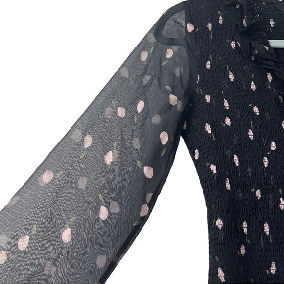 Intermix Elara 100% Silk Black Floral Smocked Mini Dress Size 2 - Picture 6 of 16